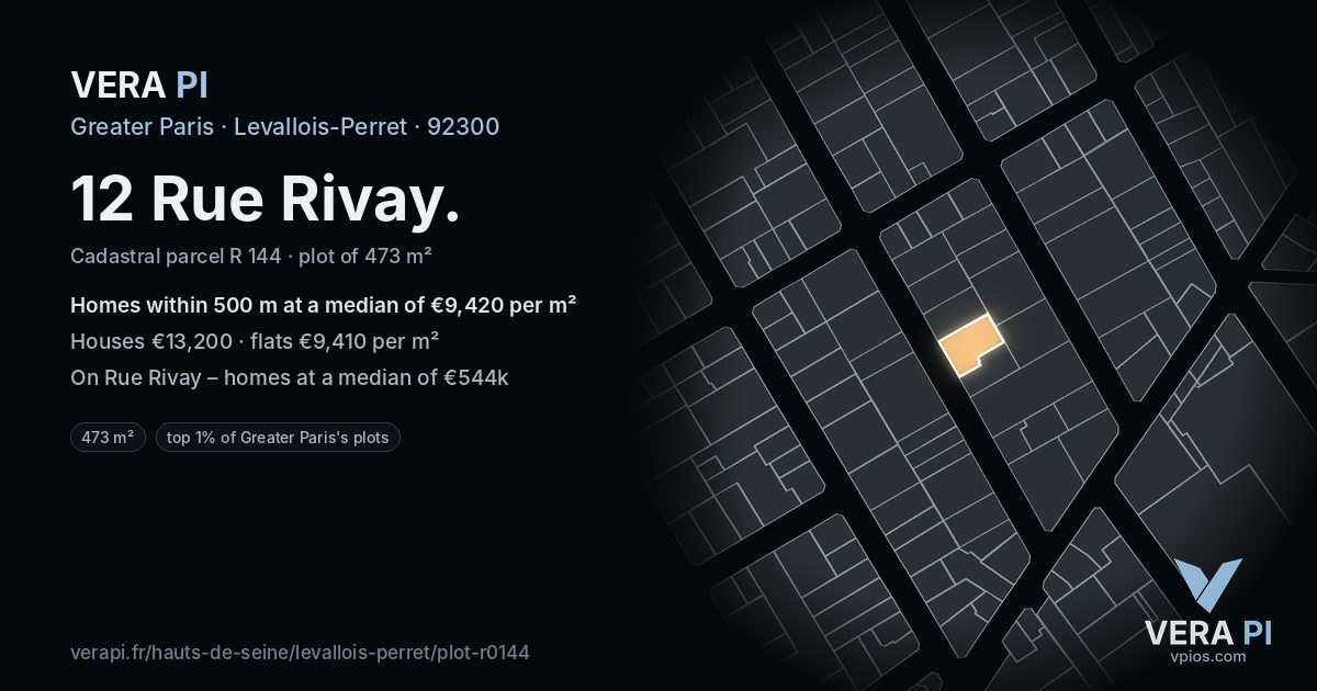 12 Rue Rivay, Levallois-Perret at night – the plot lit, the parcels around coloured by the prices near them