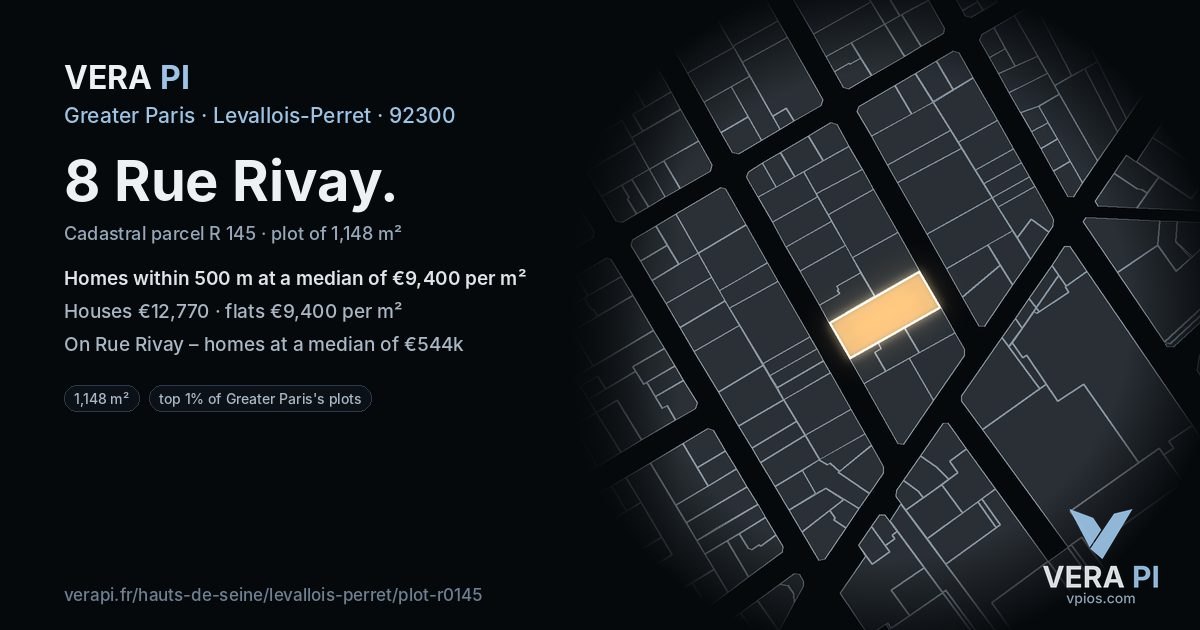 8 Rue Rivay, Levallois-Perret at night – the plot lit, the parcels around coloured by the prices near them