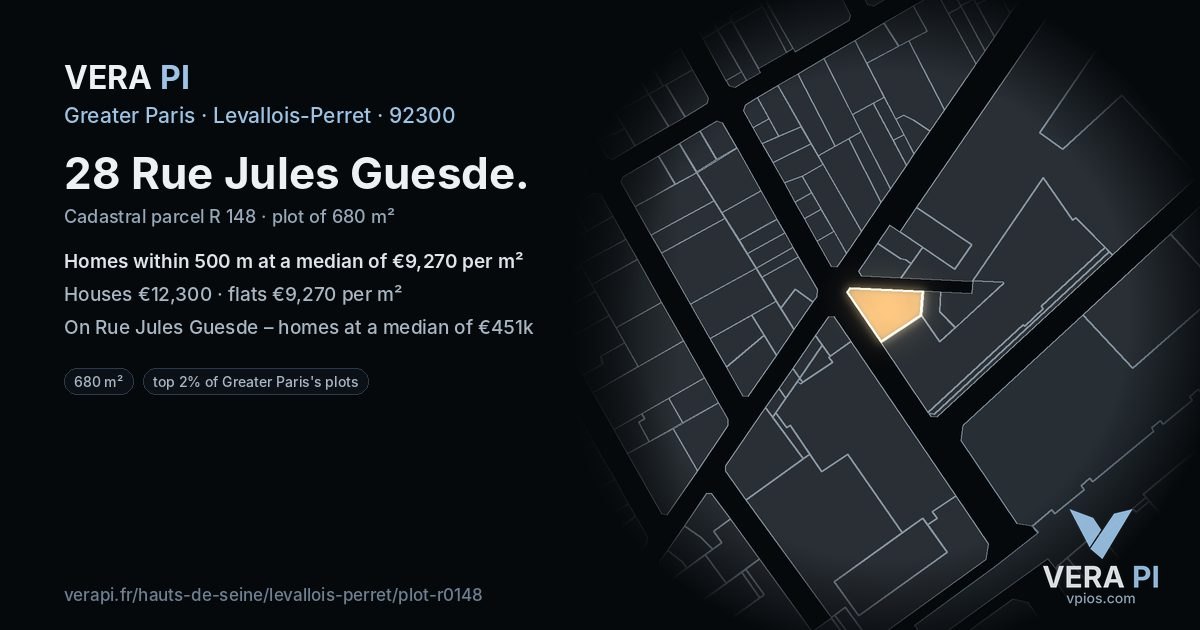 28 Rue Jules Guesde, Levallois-Perret at night – the plot lit, the parcels around coloured by the prices near them