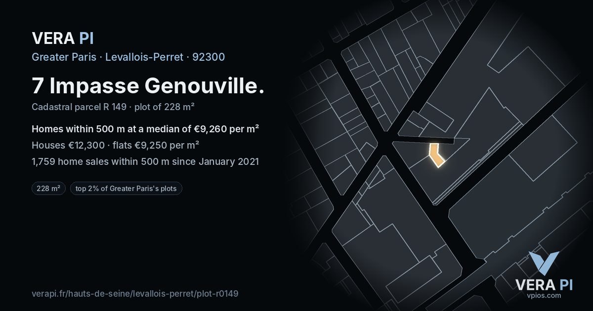 7 Impasse Genouville, Levallois-Perret at night – the plot lit, the parcels around coloured by the prices near them