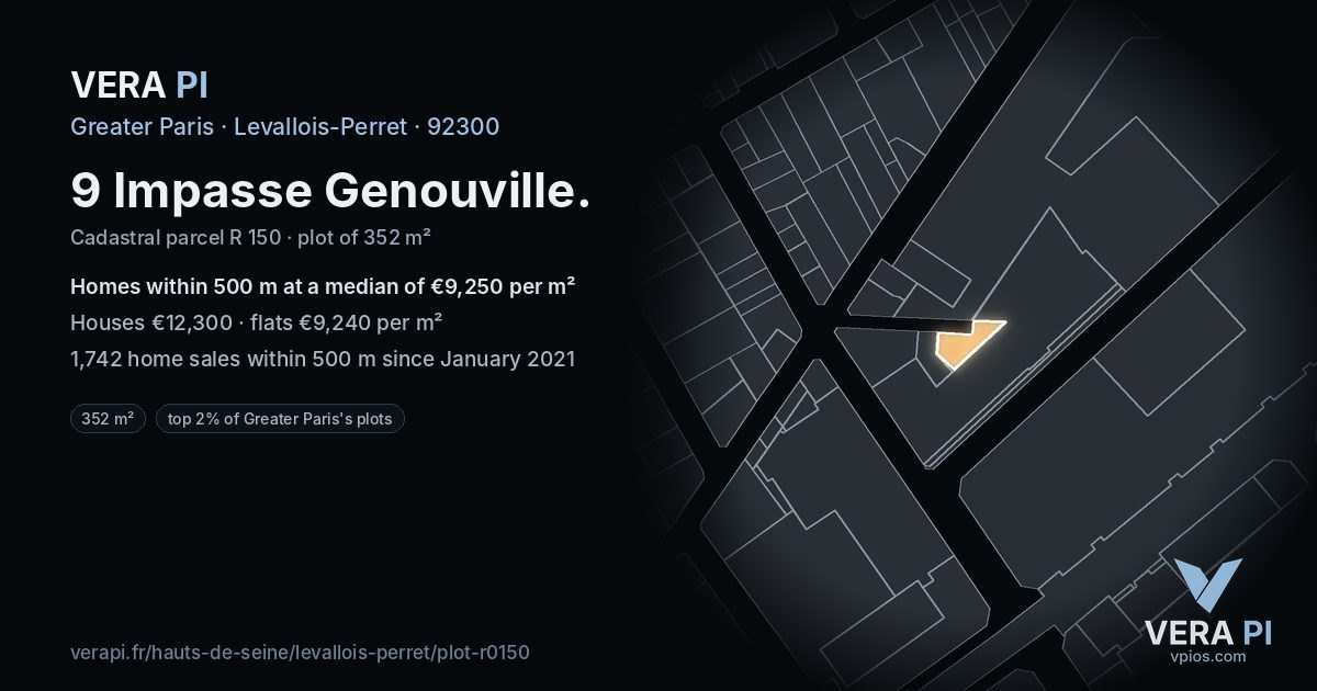 9 Impasse Genouville, Levallois-Perret at night – the plot lit, the parcels around coloured by the prices near them