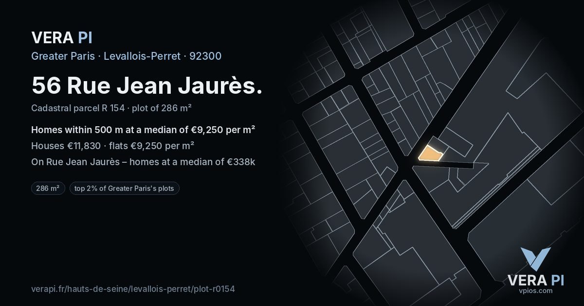 56 Rue Jean Jaurès, Levallois-Perret at night – the plot lit, the parcels around coloured by the prices near them