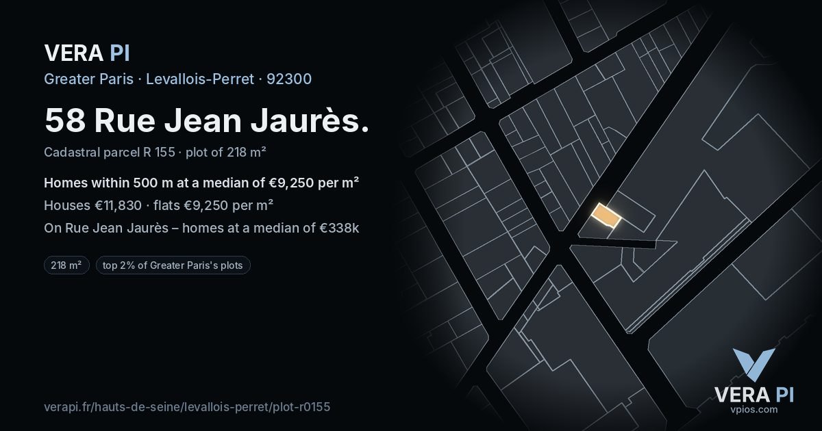 58 Rue Jean Jaurès, Levallois-Perret at night – the plot lit, the parcels around coloured by the prices near them