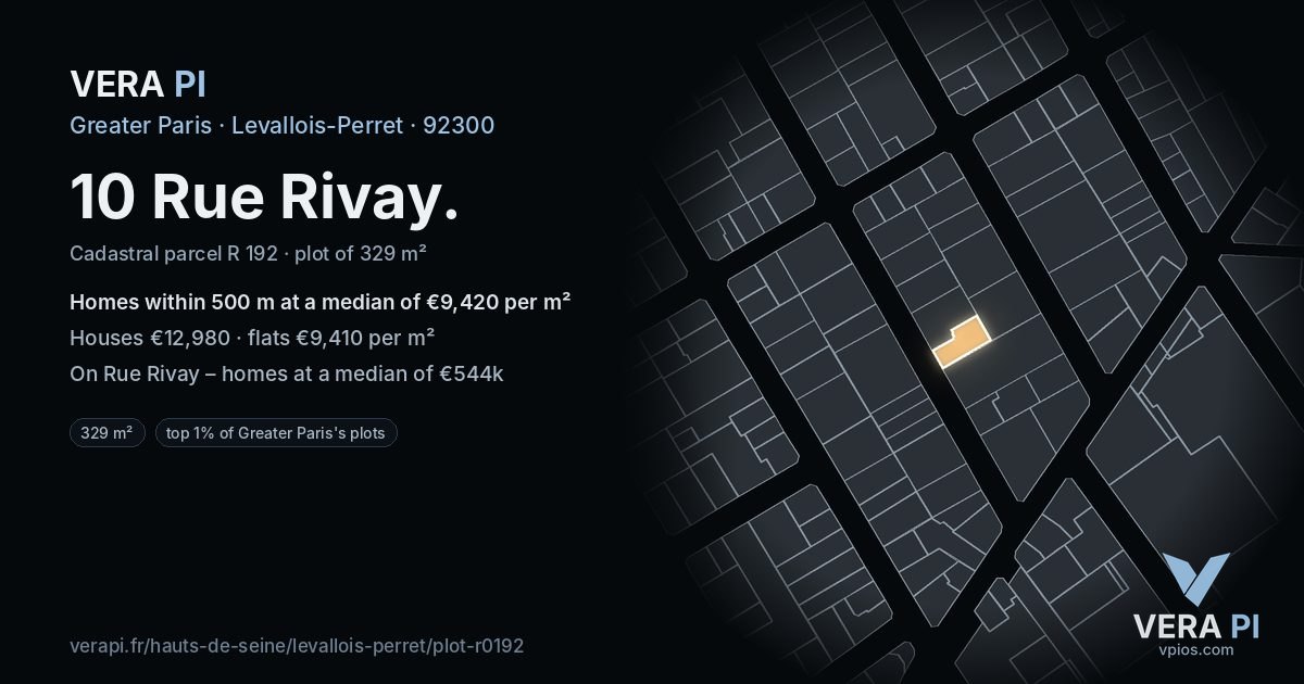 10 Rue Rivay, Levallois-Perret at night – the plot lit, the parcels around coloured by the prices near them