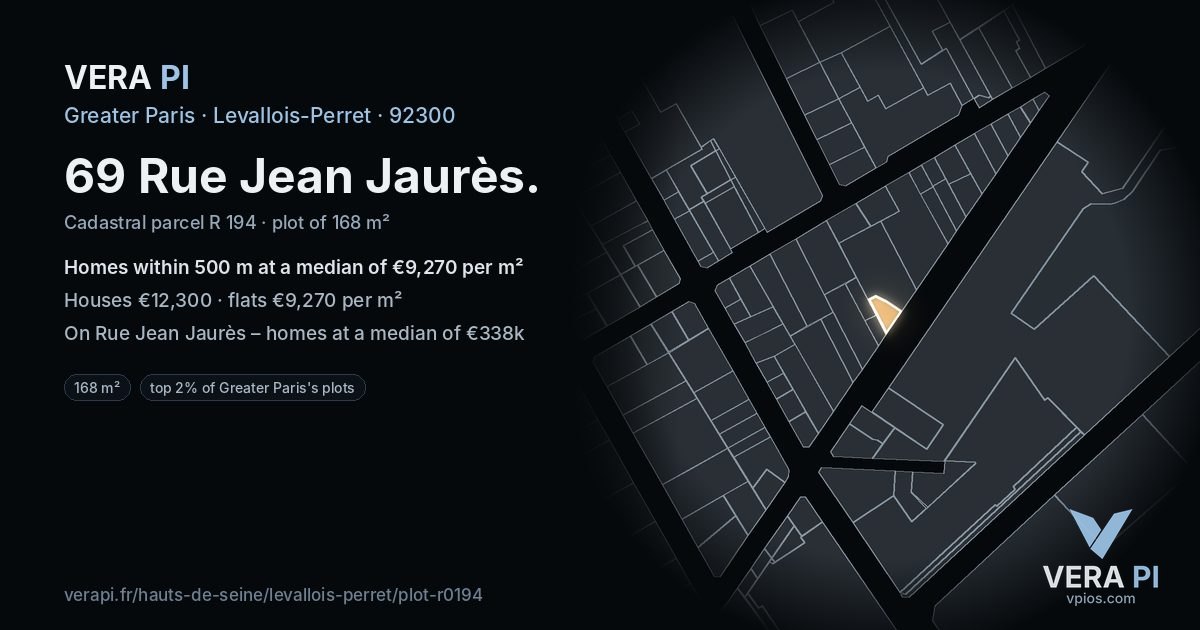 69 Rue Jean Jaurès, Levallois-Perret at night – the plot lit, the parcels around coloured by the prices near them