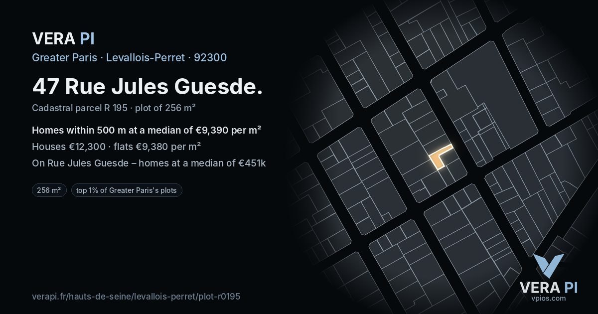 47 Rue Jules Guesde, Levallois-Perret at night – the plot lit, the parcels around coloured by the prices near them
