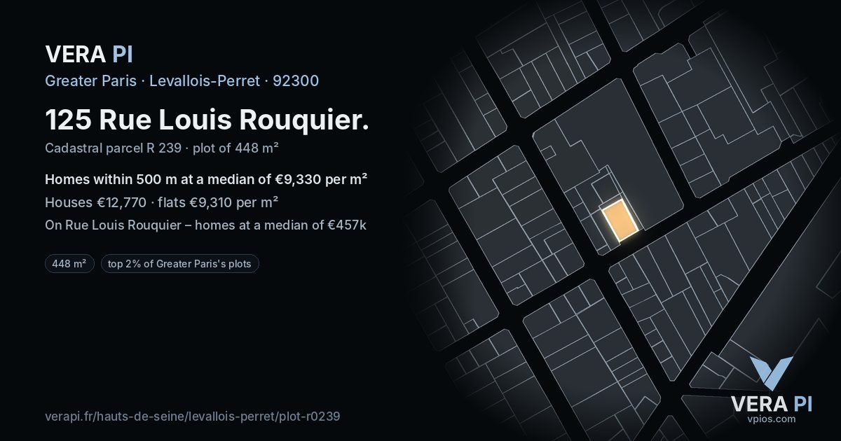 125 Rue Louis Rouquier, Levallois-Perret at night – the plot lit, the parcels around coloured by the prices near them