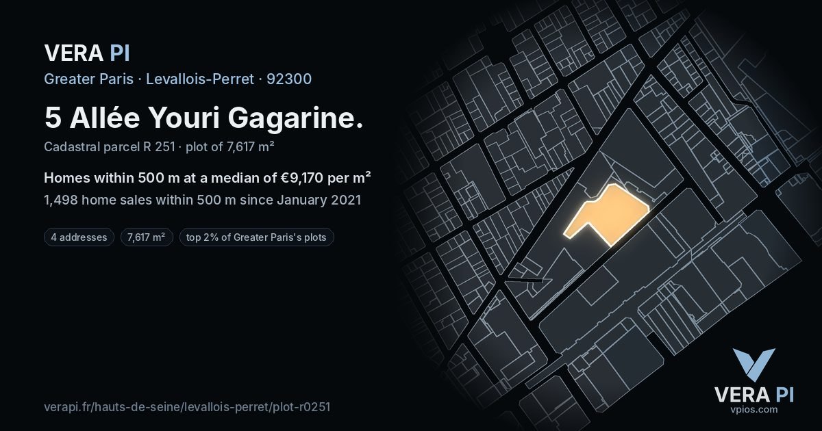 5 Allée Youri Gagarine, Levallois-Perret at night – the plot lit, the parcels around coloured by the prices near them