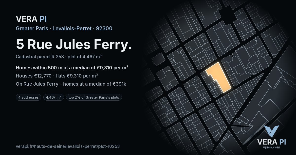 5 Rue Jules Ferry, Levallois-Perret at night – the plot lit, the parcels around coloured by the prices near them