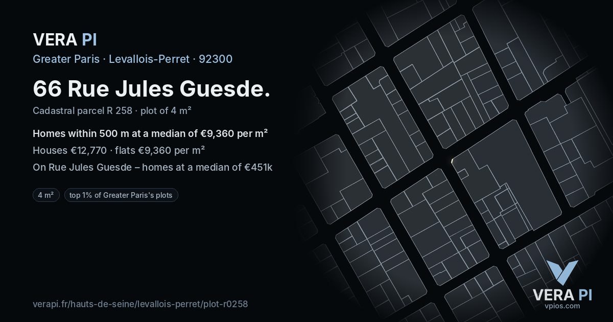 66 Rue Jules Guesde, Levallois-Perret at night – the plot lit, the parcels around coloured by the prices near them