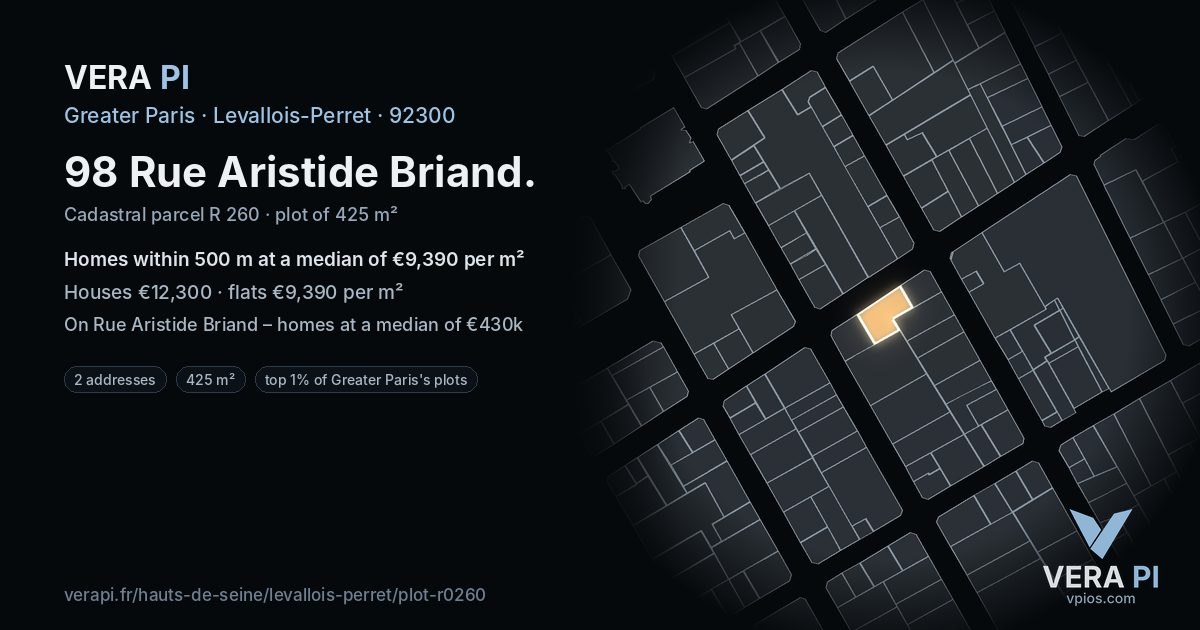 98 Rue Aristide Briand, Levallois-Perret at night – the plot lit, the parcels around coloured by the prices near them