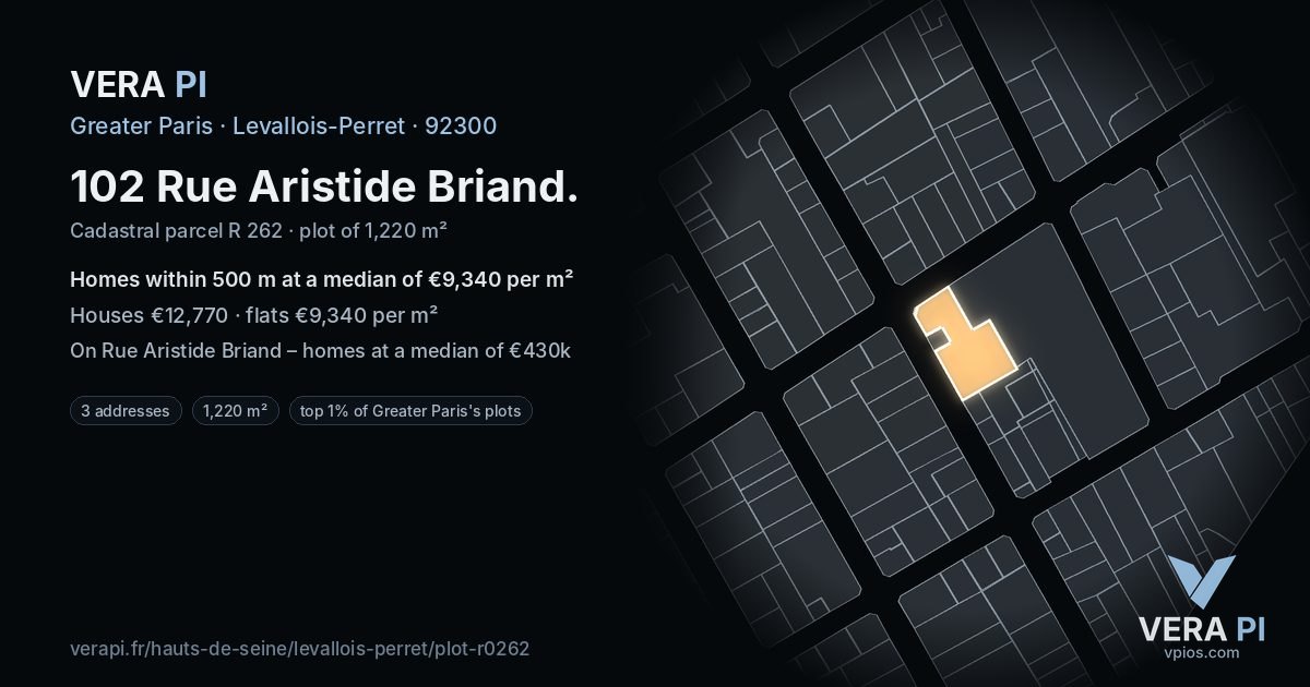 102 Rue Aristide Briand, Levallois-Perret at night – the plot lit, the parcels around coloured by the prices near them