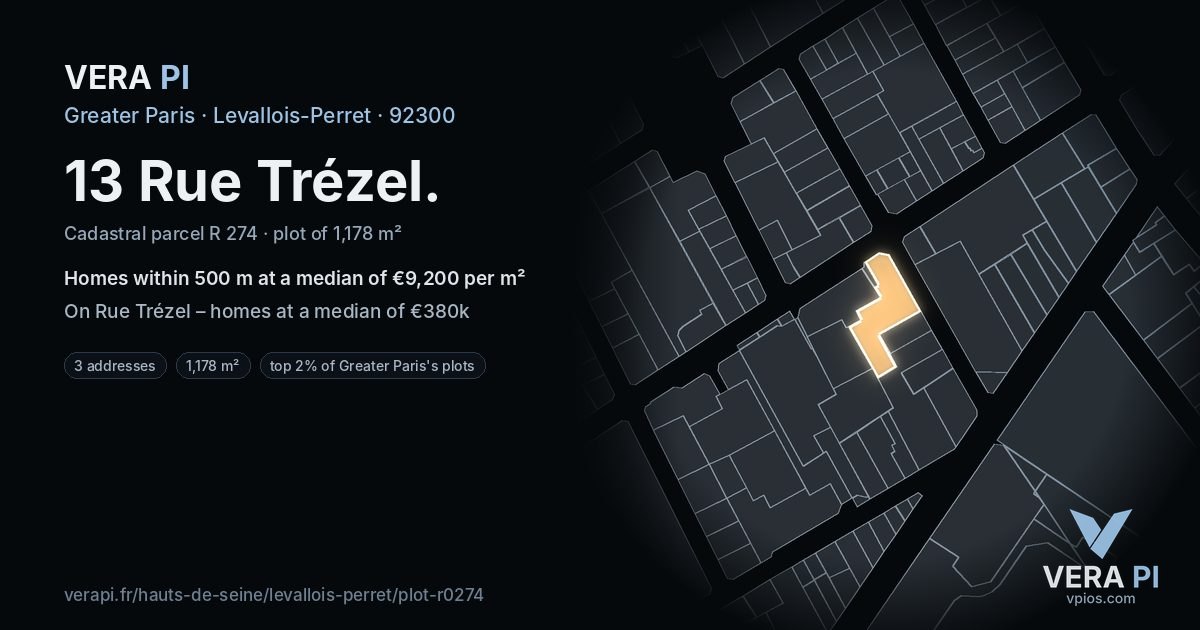 13 Rue Trézel, Levallois-Perret at night – the plot lit, the parcels around coloured by the prices near them