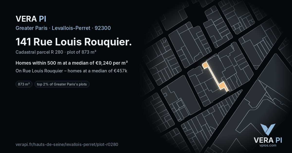 141 Rue Louis Rouquier, Levallois-Perret at night – the plot lit, the parcels around coloured by the prices near them