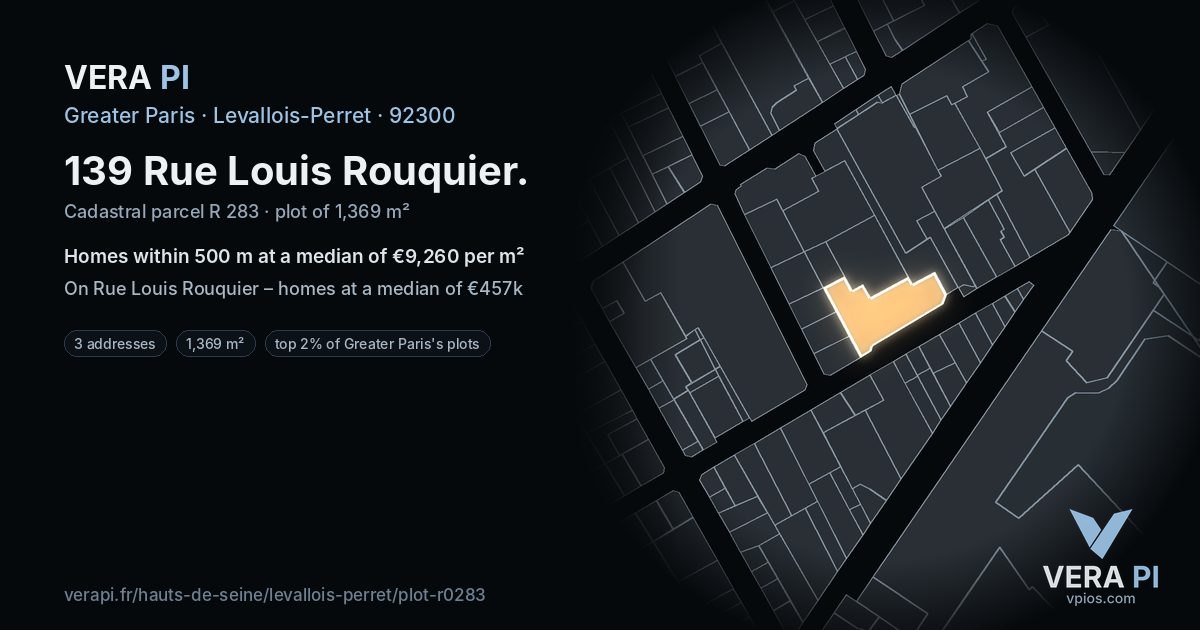 139 Rue Louis Rouquier, Levallois-Perret at night – the plot lit, the parcels around coloured by the prices near them