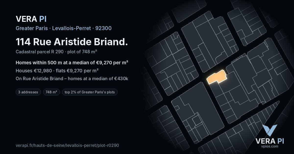 114 Rue Aristide Briand, Levallois-Perret at night – the plot lit, the parcels around coloured by the prices near them