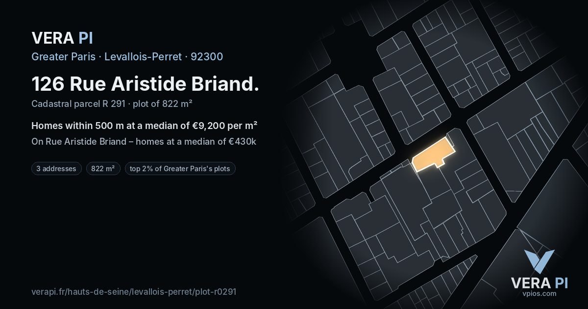 126 Rue Aristide Briand, Levallois-Perret at night – the plot lit, the parcels around coloured by the prices near them