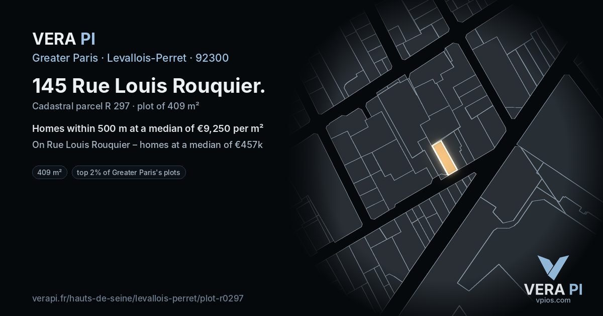 145 Rue Louis Rouquier, Levallois-Perret at night – the plot lit, the parcels around coloured by the prices near them