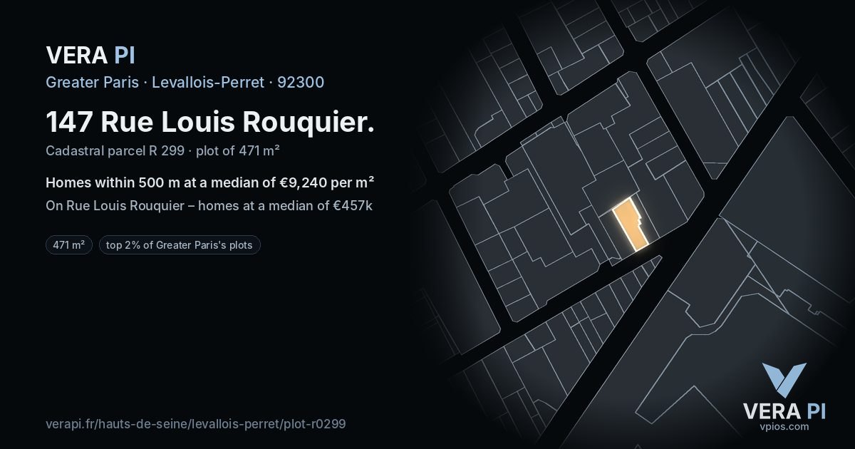 147 Rue Louis Rouquier, Levallois-Perret at night – the plot lit, the parcels around coloured by the prices near them