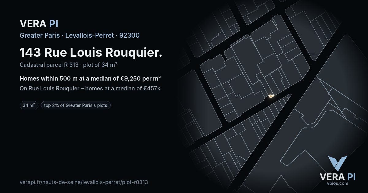 143 Rue Louis Rouquier, Levallois-Perret at night – the plot lit, the parcels around coloured by the prices near them