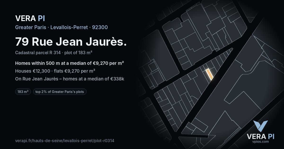 79 Rue Jean Jaurès, Levallois-Perret at night – the plot lit, the parcels around coloured by the prices near them