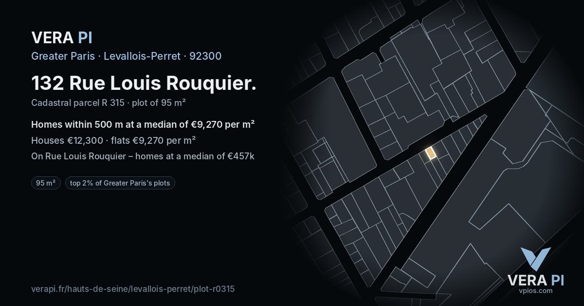 132 Rue Louis Rouquier, Levallois-Perret at night – the plot lit, the parcels around coloured by the prices near them