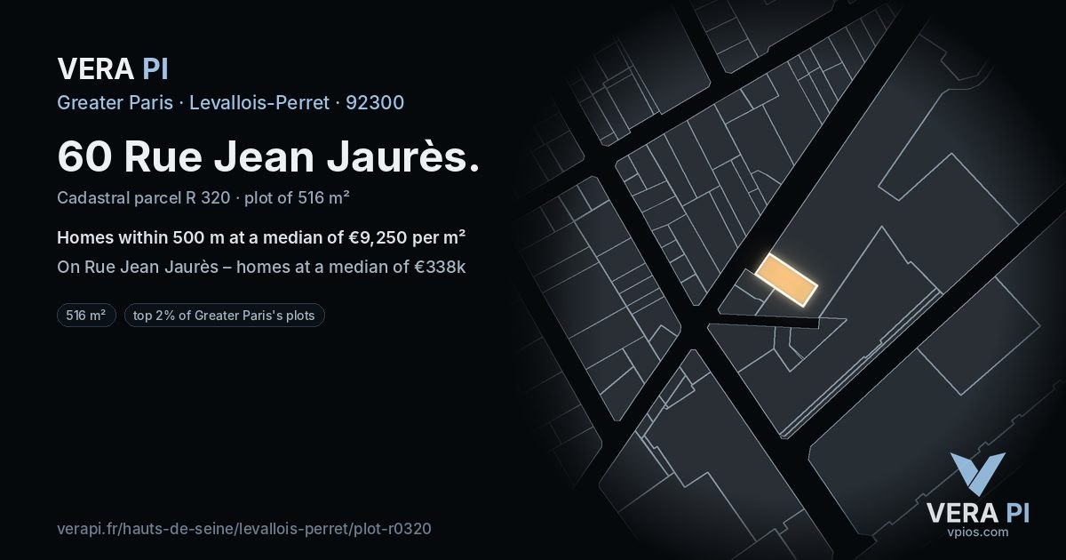 60 Rue Jean Jaurès, Levallois-Perret at night – the plot lit, the parcels around coloured by the prices near them