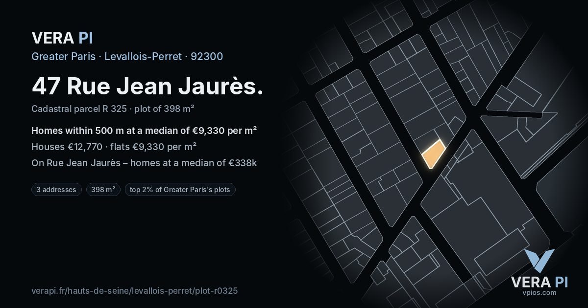 47 Rue Jean Jaurès, Levallois-Perret at night – the plot lit, the parcels around coloured by the prices near them