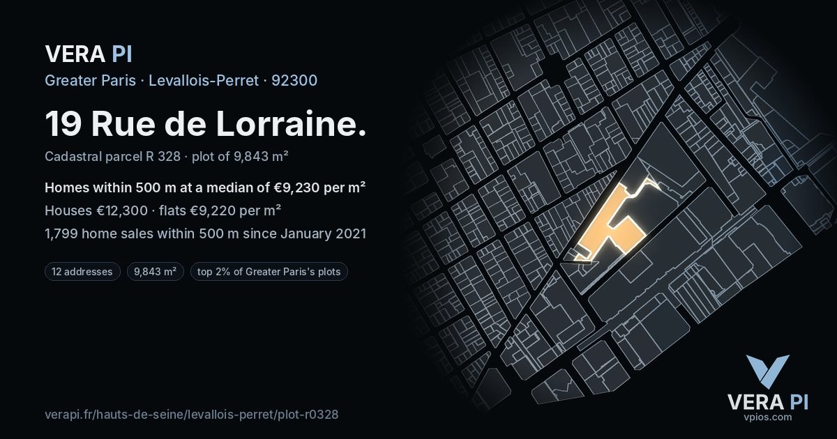 19 Rue de Lorraine, Levallois-Perret at night – the plot lit, the parcels around coloured by the prices near them