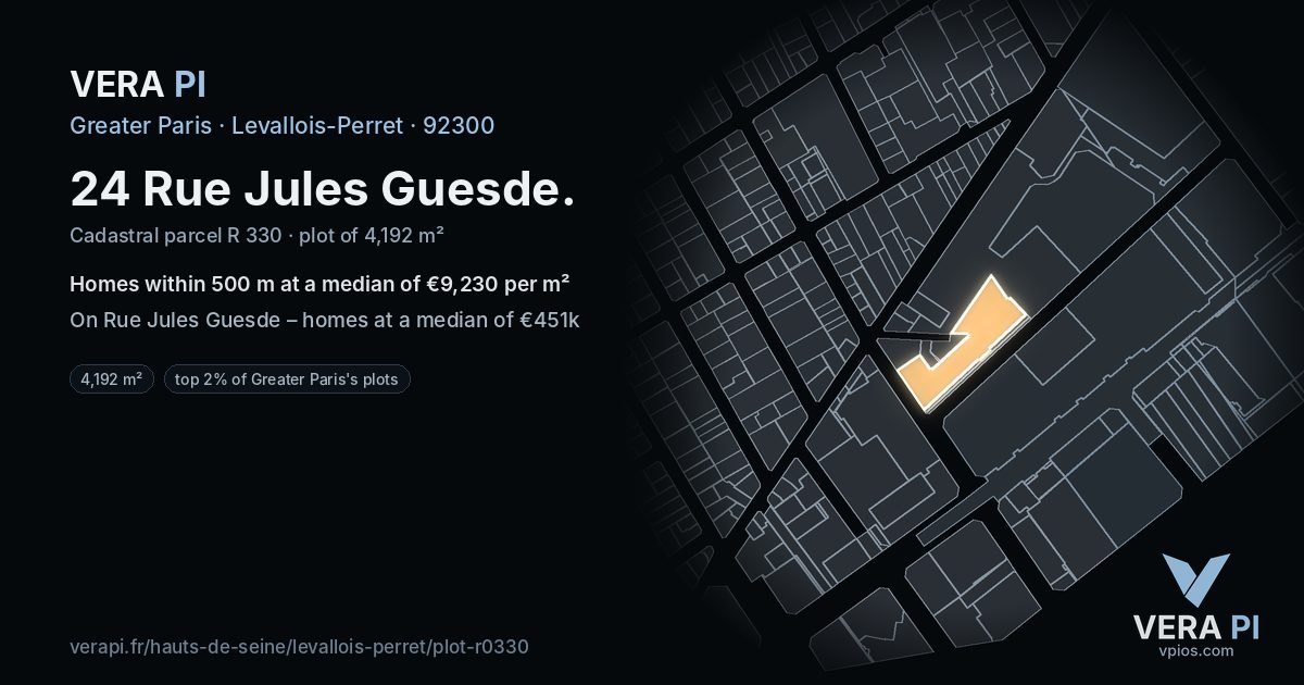 24 Rue Jules Guesde, Levallois-Perret at night – the plot lit, the parcels around coloured by the prices near them