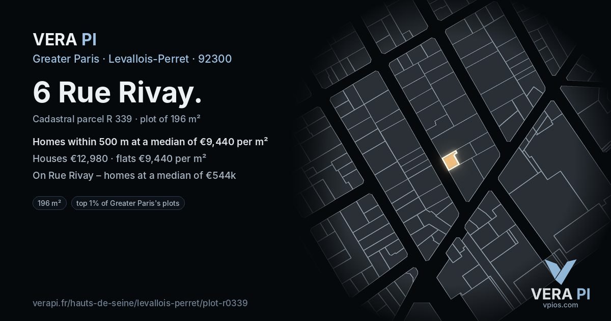 6 Rue Rivay, Levallois-Perret at night – the plot lit, the parcels around coloured by the prices near them