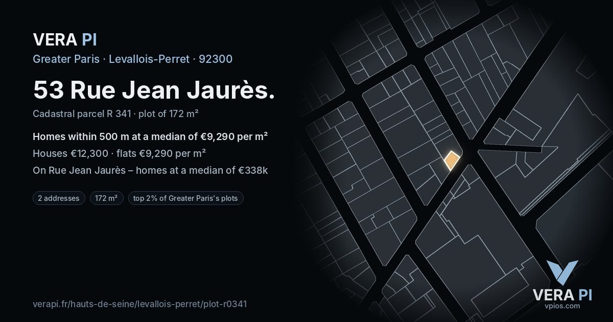 53 Rue Jean Jaurès, Levallois-Perret at night – the plot lit, the parcels around coloured by the prices near them