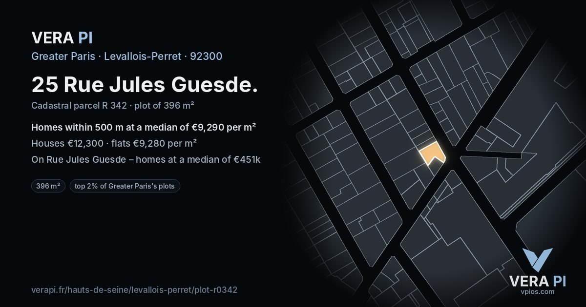 25 Rue Jules Guesde, Levallois-Perret at night – the plot lit, the parcels around coloured by the prices near them