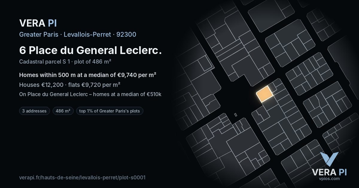 6 Place du General Leclerc, Levallois-Perret at night – the plot lit, the parcels around coloured by the prices near them