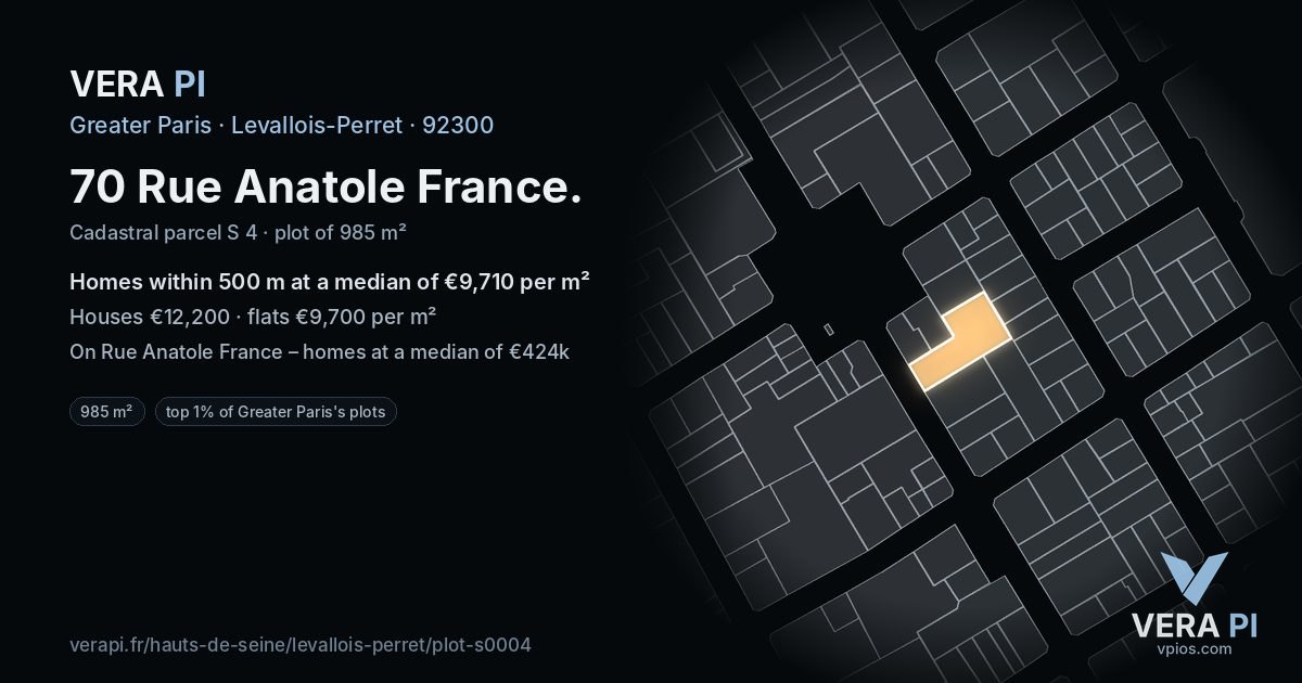 70 Rue Anatole France, Levallois-Perret at night – the plot lit, the parcels around coloured by the prices near them