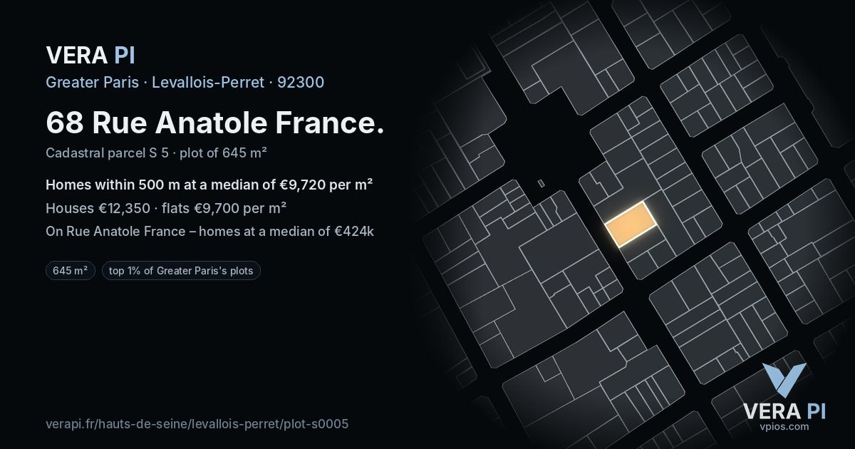 68 Rue Anatole France, Levallois-Perret at night – the plot lit, the parcels around coloured by the prices near them