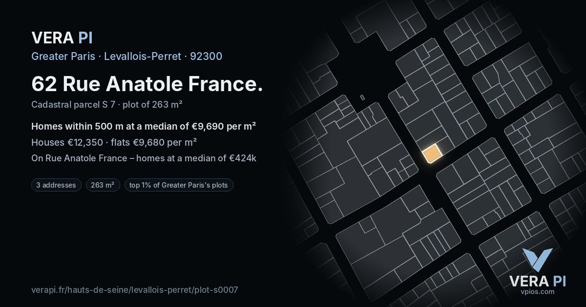 62 Rue Anatole France, Levallois-Perret at night – the plot lit, the parcels around coloured by the prices near them
