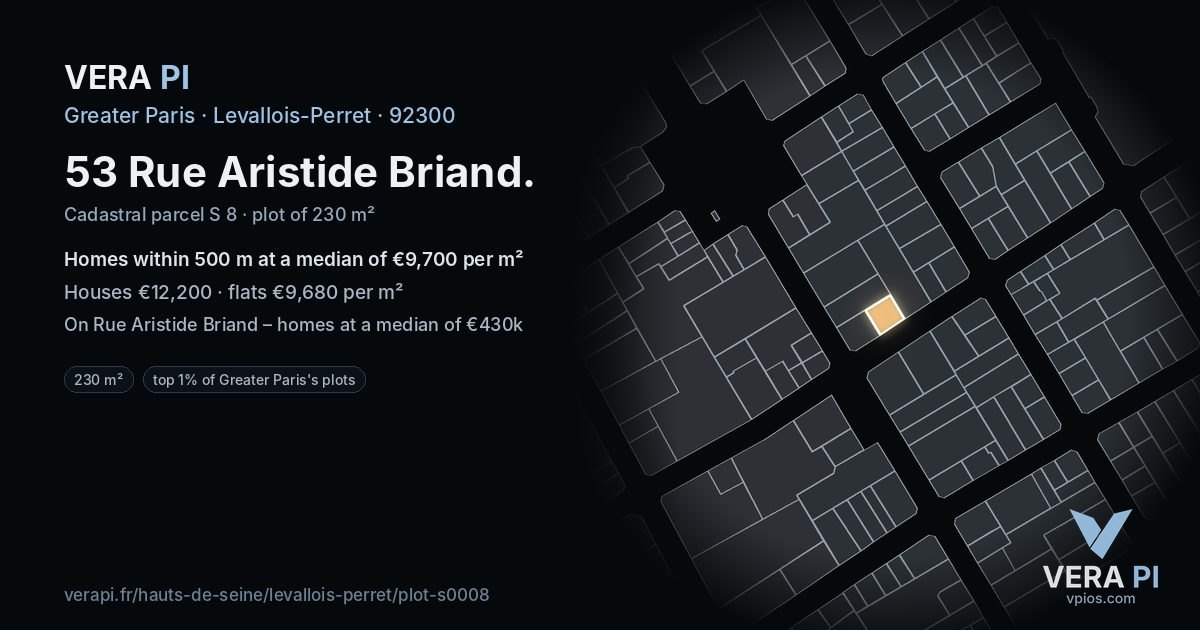 53 Rue Aristide Briand, Levallois-Perret at night – the plot lit, the parcels around coloured by the prices near them