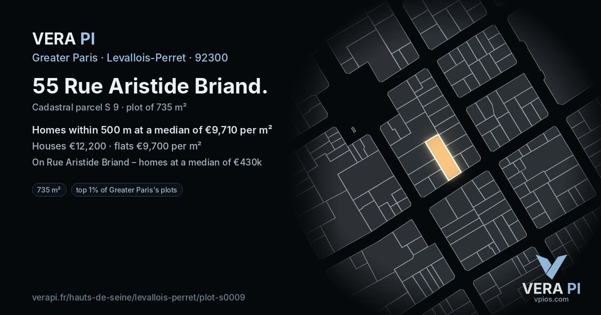 55 Rue Aristide Briand, Levallois-Perret at night – the plot lit, the parcels around coloured by the prices near them