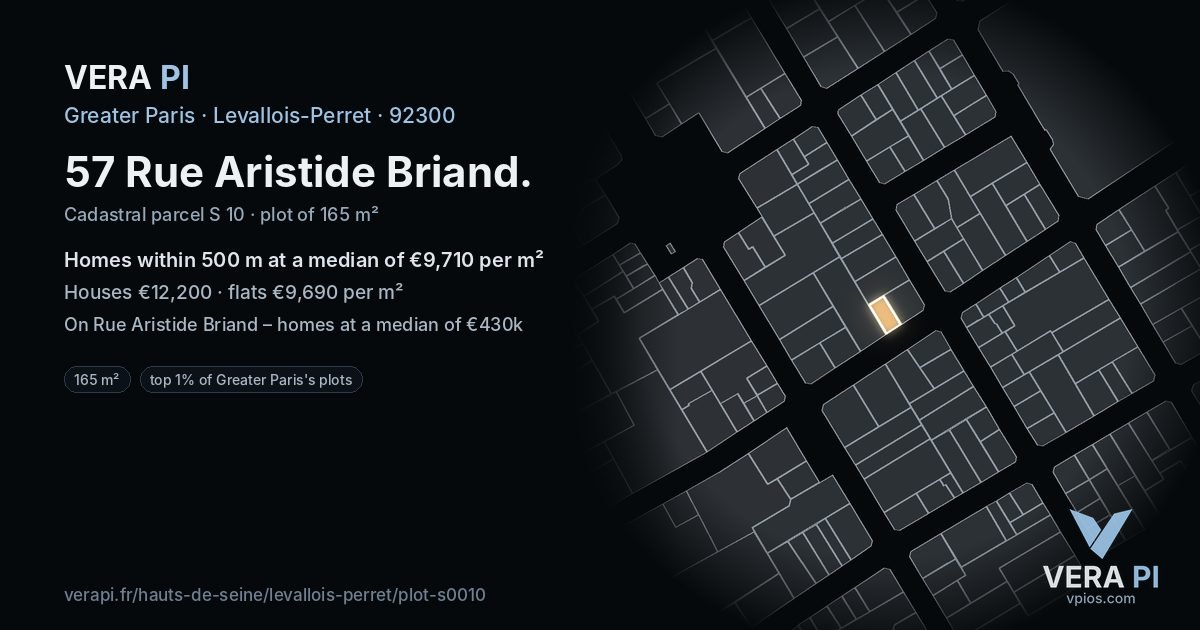 57 Rue Aristide Briand, Levallois-Perret at night – the plot lit, the parcels around coloured by the prices near them