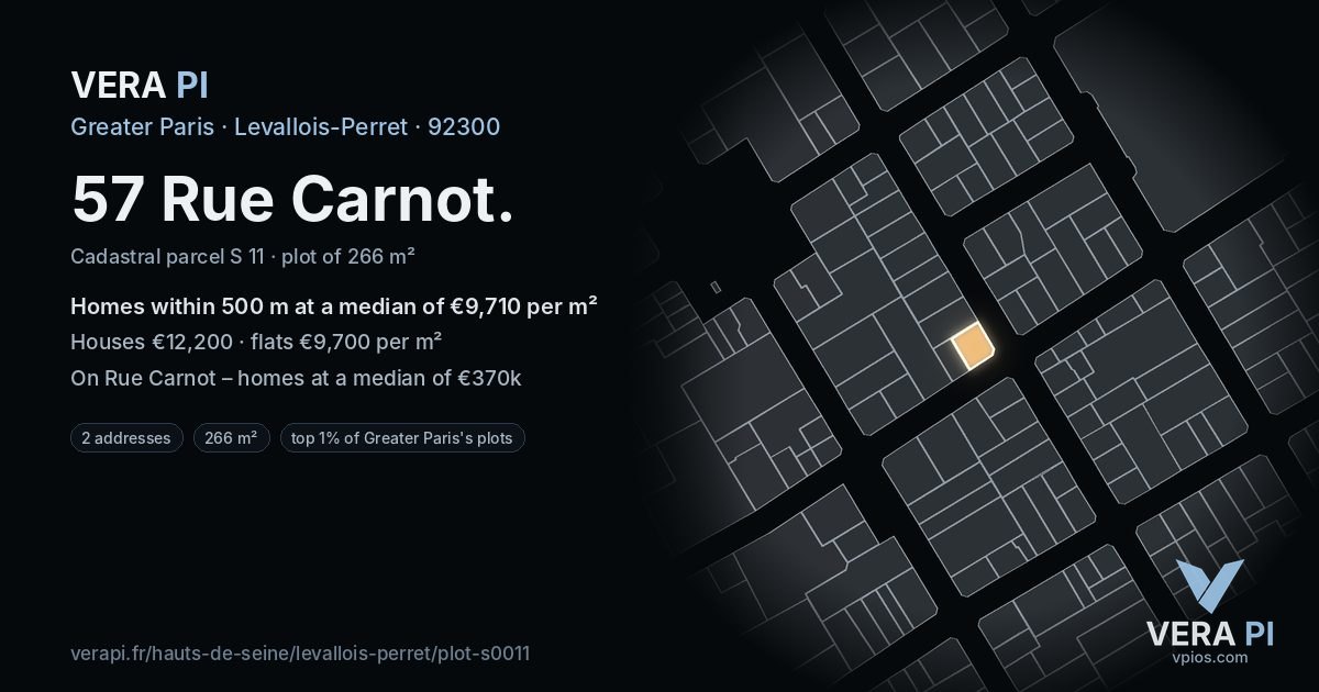 57 Rue Carnot, Levallois-Perret at night – the plot lit, the parcels around coloured by the prices near them