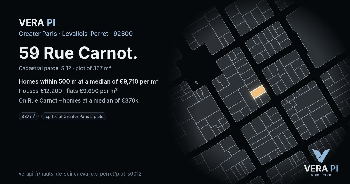 59 Rue Carnot, Levallois-Perret at night – the plot lit, the parcels around coloured by the prices near them
