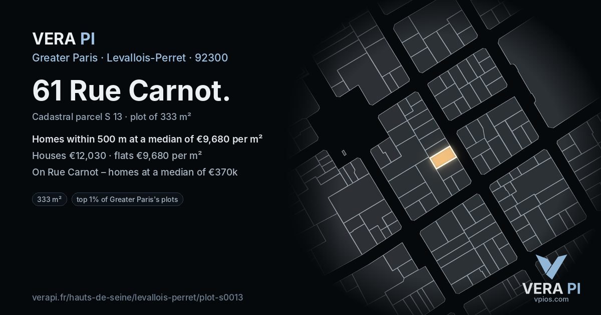 61 Rue Carnot, Levallois-Perret at night – the plot lit, the parcels around coloured by the prices near them