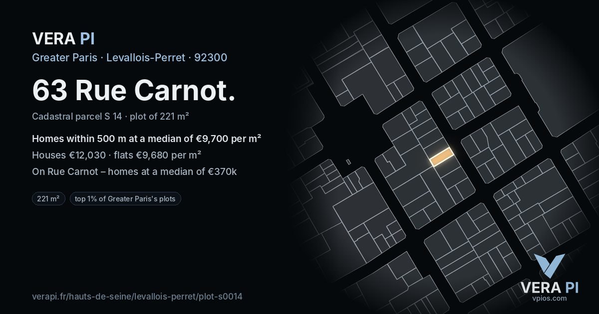 63 Rue Carnot, Levallois-Perret at night – the plot lit, the parcels around coloured by the prices near them