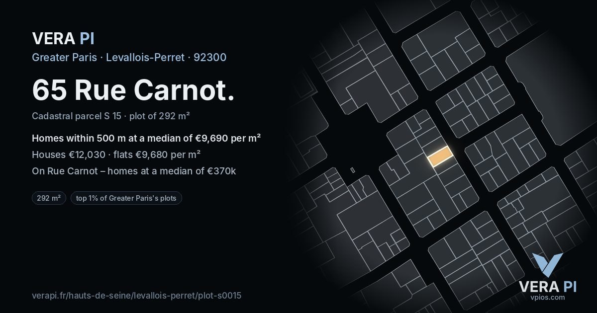 65 Rue Carnot, Levallois-Perret at night – the plot lit, the parcels around coloured by the prices near them