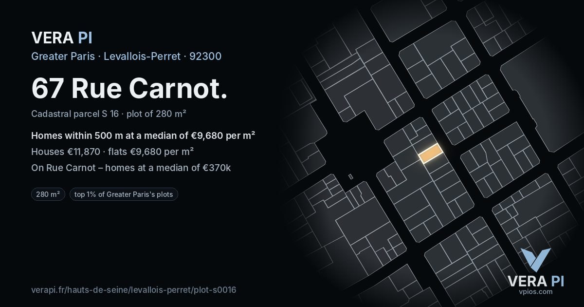 67 Rue Carnot, Levallois-Perret at night – the plot lit, the parcels around coloured by the prices near them