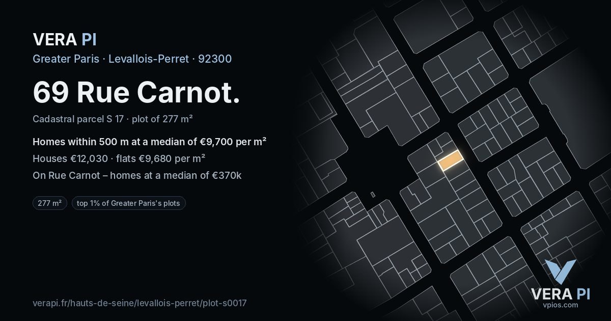 69 Rue Carnot, Levallois-Perret at night – the plot lit, the parcels around coloured by the prices near them