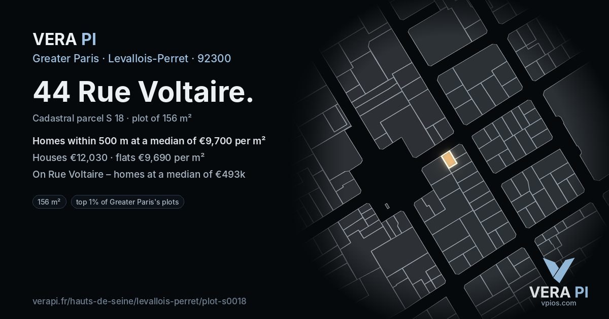 44 Rue Voltaire, Levallois-Perret at night – the plot lit, the parcels around coloured by the prices near them