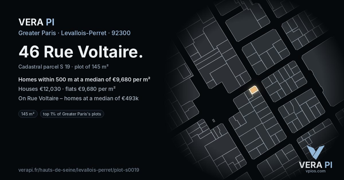 46 Rue Voltaire, Levallois-Perret at night – the plot lit, the parcels around coloured by the prices near them