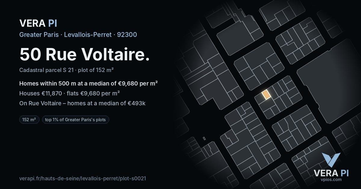 50 Rue Voltaire, Levallois-Perret at night – the plot lit, the parcels around coloured by the prices near them
